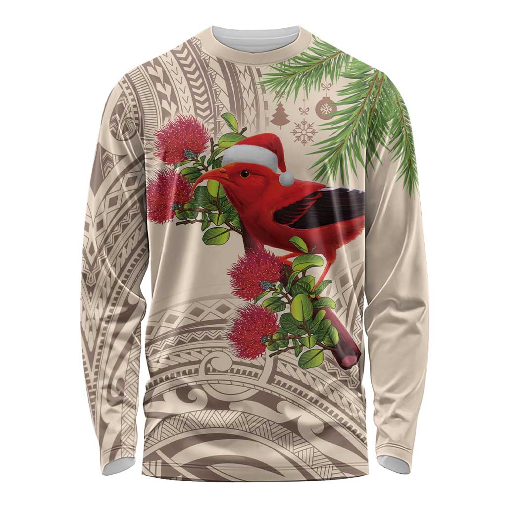 Christmas Hawaii with I'iwi Bird Long Sleeve Shirt Aloha Mele Kalikimaka - Beige Art