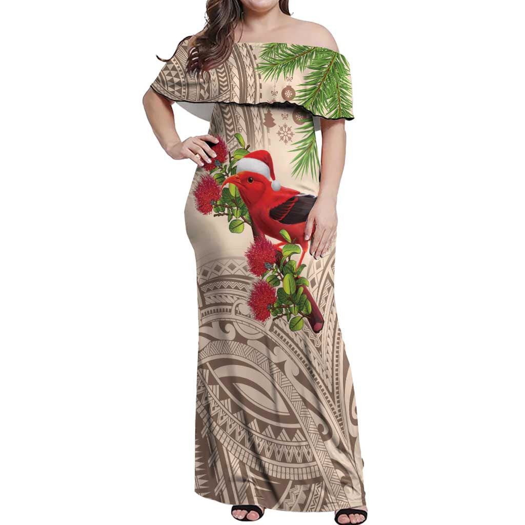 Christmas Hawaii with I'iwi Bird Off Shoulder Maxi Dress Aloha Mele Kalikimaka - Beige Art