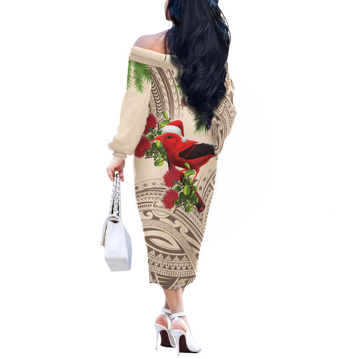 Christmas Hawaii with I'iwi Bird Off The Shoulder Long Sleeve Dress Aloha Mele Kalikimaka - Beige Art