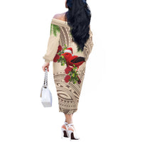 Christmas Hawaii with I'iwi Bird Off The Shoulder Long Sleeve Dress Aloha Mele Kalikimaka - Beige Art