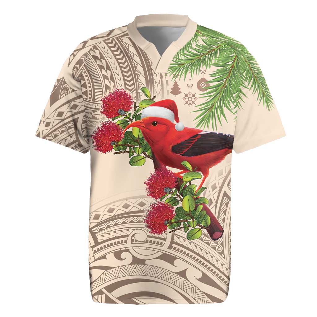 Christmas Hawaii with I'iwi Bird Rugby Jersey Aloha Mele Kalikimaka - Beige Art