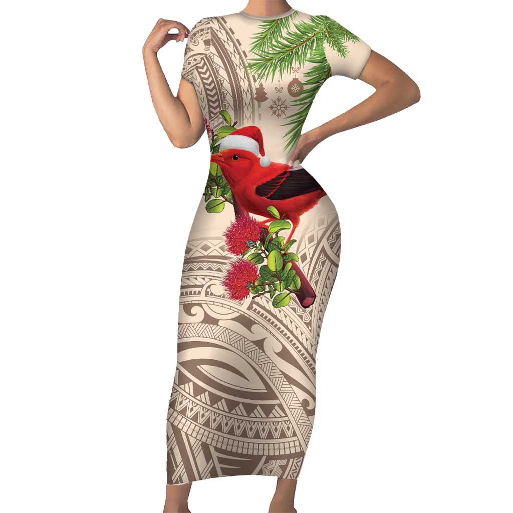 Christmas Hawaii with I'iwi Bird Short Sleeve Bodycon Dress Aloha Mele Kalikimaka - Beige Art