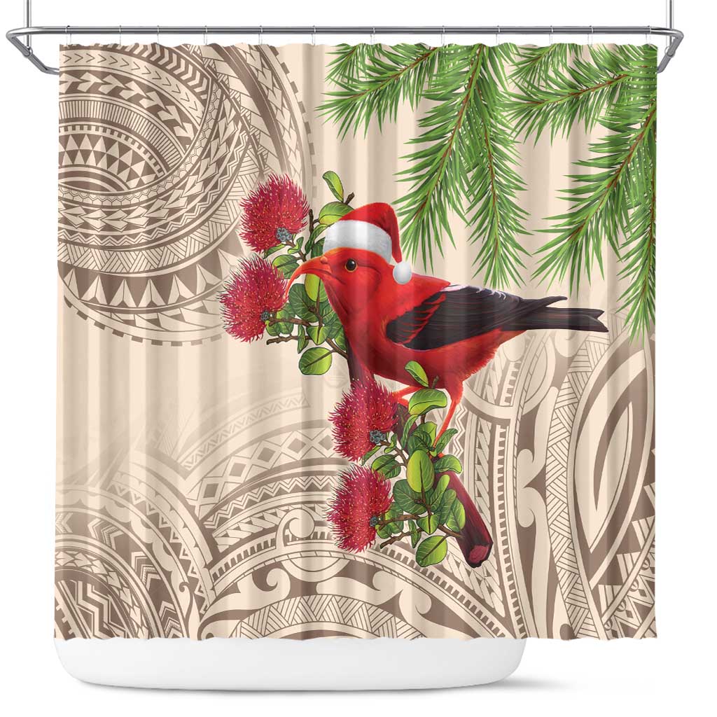 Christmas Hawaii with I'iwi Bird Shower Curtain Aloha Mele Kalikimaka - Beige Art