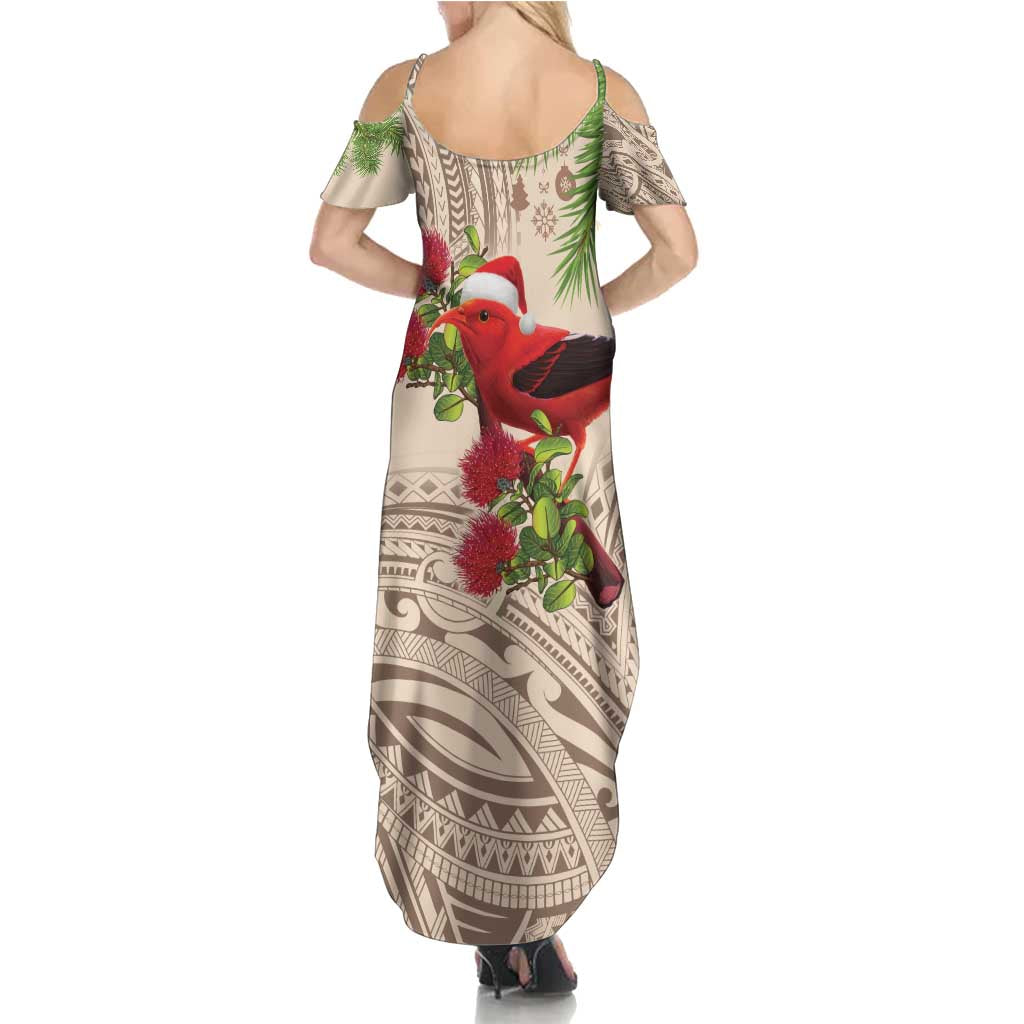 Christmas Hawaii with I'iwi Bird Summer Maxi Dress Aloha Mele Kalikimaka - Beige Art LT9 - Polynesian Pride
