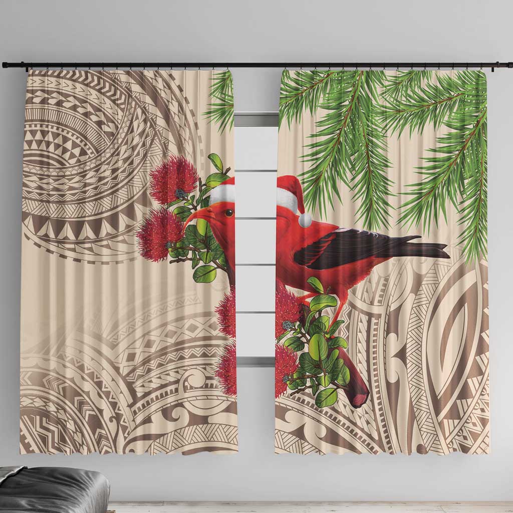 Christmas Hawaii with I'iwi Bird Window Curtain Aloha Mele Kalikimaka - Beige Art LT9 With Hooks Beige - Polynesian Pride