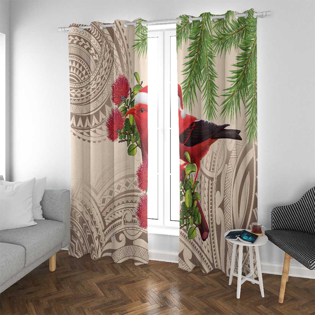 Christmas Hawaii with I'iwi Bird Window Curtain Aloha Mele Kalikimaka - Beige Art LT9 With Grommets Beige - Polynesian Pride