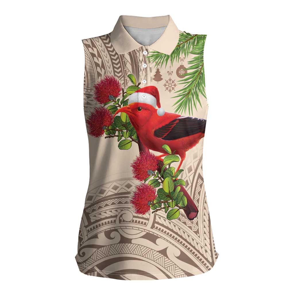 Christmas Hawaii with I'iwi Bird Women Sleeveless Polo Shirt Aloha Mele Kalikimaka - Beige Art