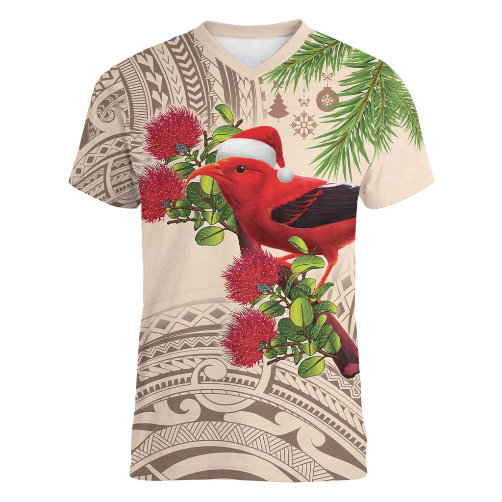 Christmas Hawaii with I'iwi Bird Women V-Neck T-Shirt Aloha Mele Kalikimaka - Beige Art LT9 Female Beige - Polynesian Pride