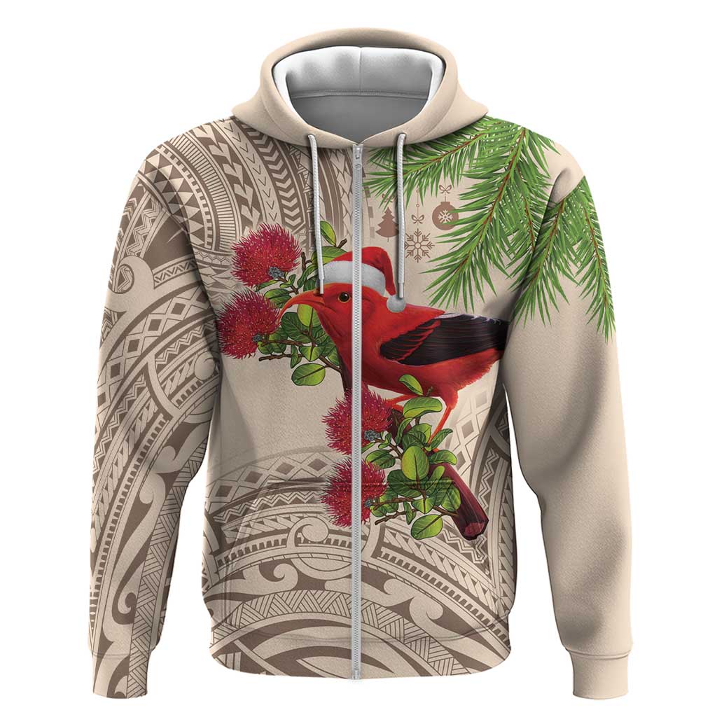 Christmas Hawaii with I'iwi Bird Zip Hoodie Aloha Mele Kalikimaka - Beige Art