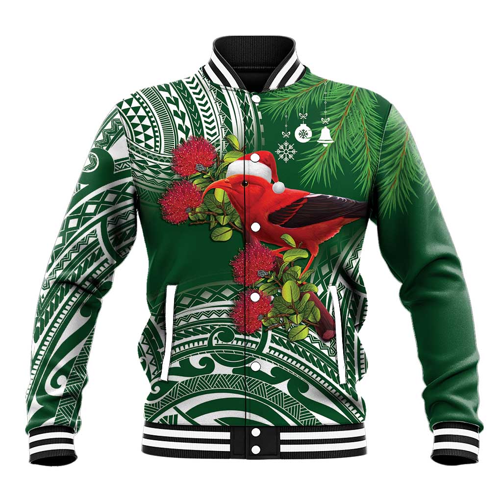 Christmas Hawaii with I'iwi Bird Baseball Jacket Aloha Mele Kalikimaka - Green Art LT9 Unisex Green - Polynesian Pride
