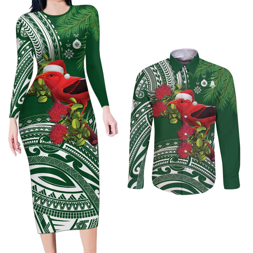 Christmas Hawaii with I'iwi Bird Couples Matching Long Sleeve Bodycon Dress and Long Sleeve Button Shirt Aloha Mele Kalikimaka - Green Art