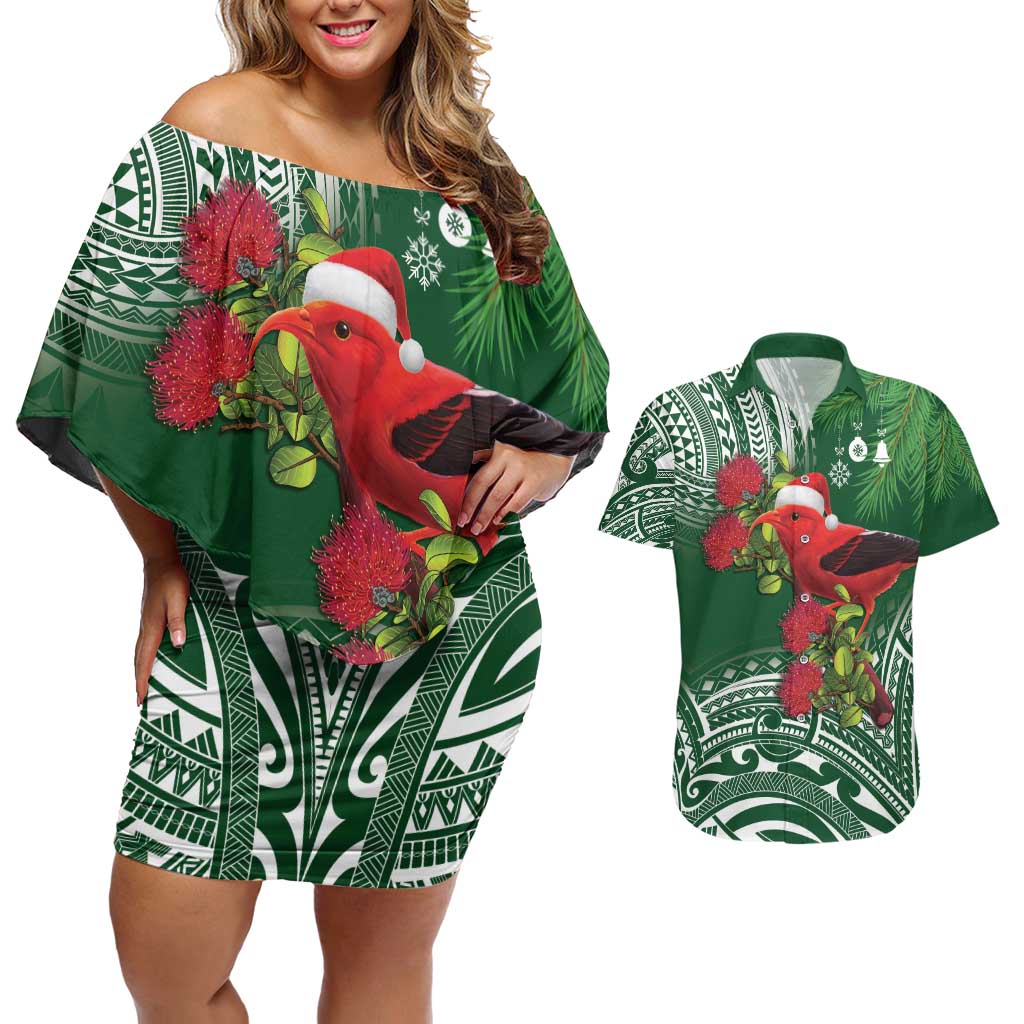 Christmas Hawaii with I'iwi Bird Couples Matching Off Shoulder Short Dress and Hawaiian Shirt Aloha Mele Kalikimaka - Green Art