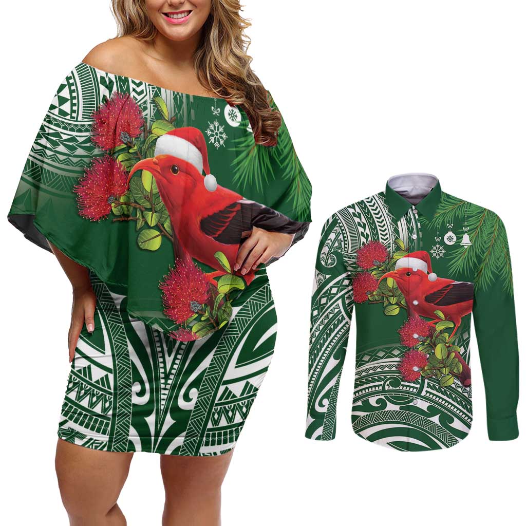 Christmas Hawaii with I'iwi Bird Couples Matching Off Shoulder Short Dress and Long Sleeve Button Shirt Aloha Mele Kalikimaka - Green Art