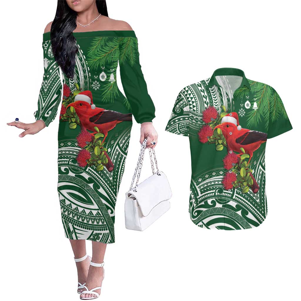 Christmas Hawaii with I'iwi Bird Couples Matching Off The Shoulder Long Sleeve Dress and Hawaiian Shirt Aloha Mele Kalikimaka - Green Art