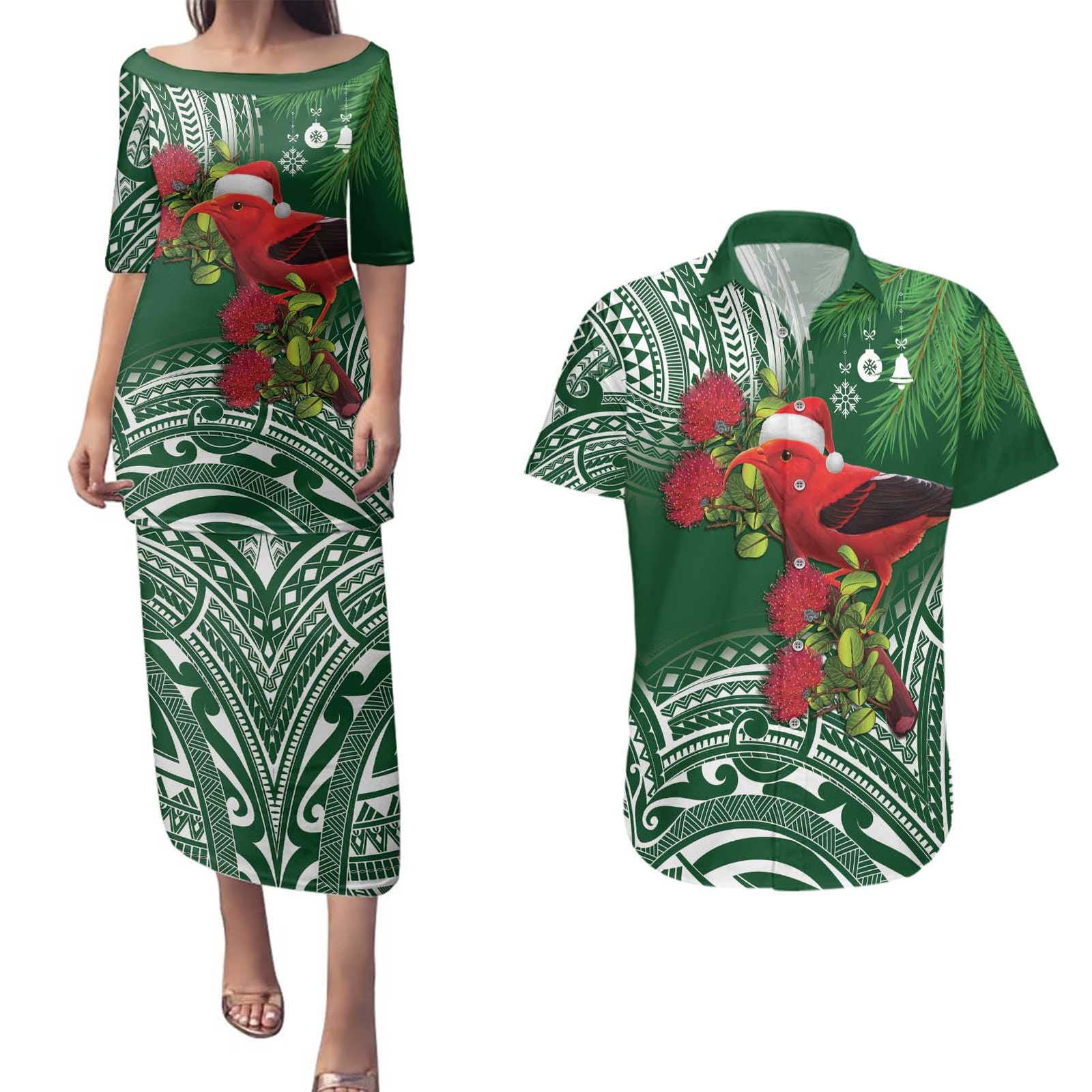 Christmas Hawaii with I'iwi Bird Couples Matching Puletasi and Hawaiian Shirt Aloha Mele Kalikimaka - Green Art LT9 Green - Polynesian Pride