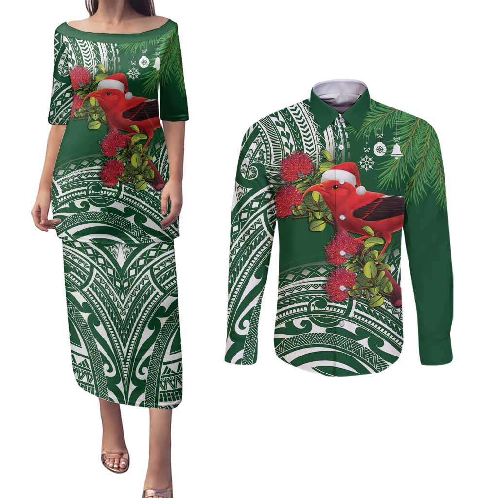 Christmas Hawaii with I'iwi Bird Couples Matching Puletasi and Long Sleeve Button Shirt Aloha Mele Kalikimaka - Green Art