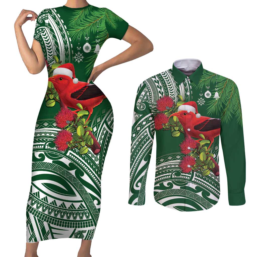 Christmas Hawaii with I'iwi Bird Couples Matching Short Sleeve Bodycon Dress and Long Sleeve Button Shirt Aloha Mele Kalikimaka - Green Art