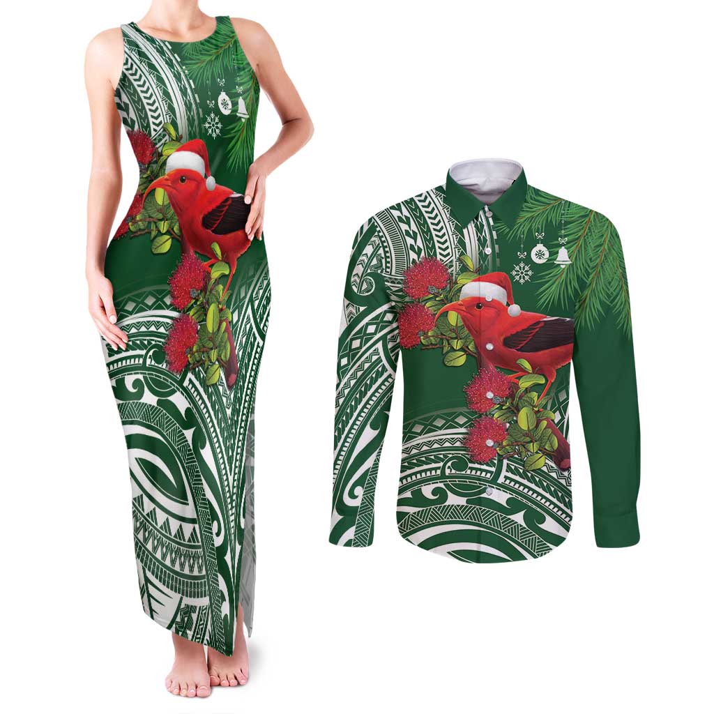 Christmas Hawaii with I'iwi Bird Couples Matching Tank Maxi Dress and Long Sleeve Button Shirt Aloha Mele Kalikimaka - Green Art