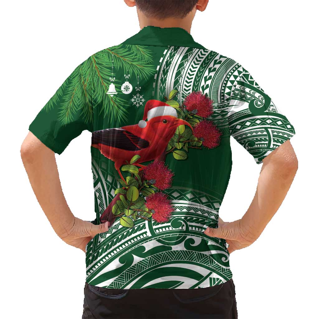 Christmas Hawaii with I'iwi Bird Family Matching Long Sleeve Bodycon Dress and Hawaiian Shirt Aloha Mele Kalikimaka - Green Art