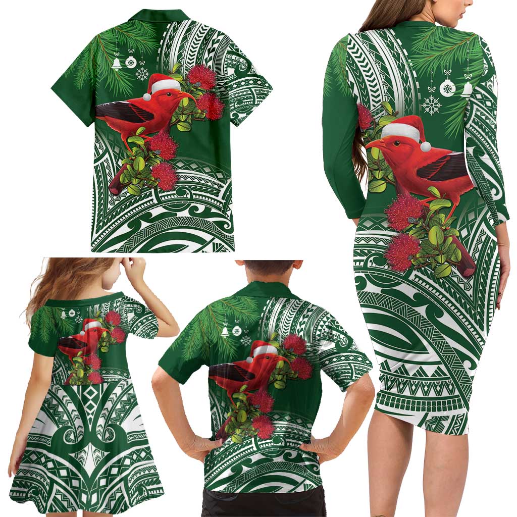 Christmas Hawaii with I'iwi Bird Family Matching Long Sleeve Bodycon Dress and Hawaiian Shirt Aloha Mele Kalikimaka - Green Art