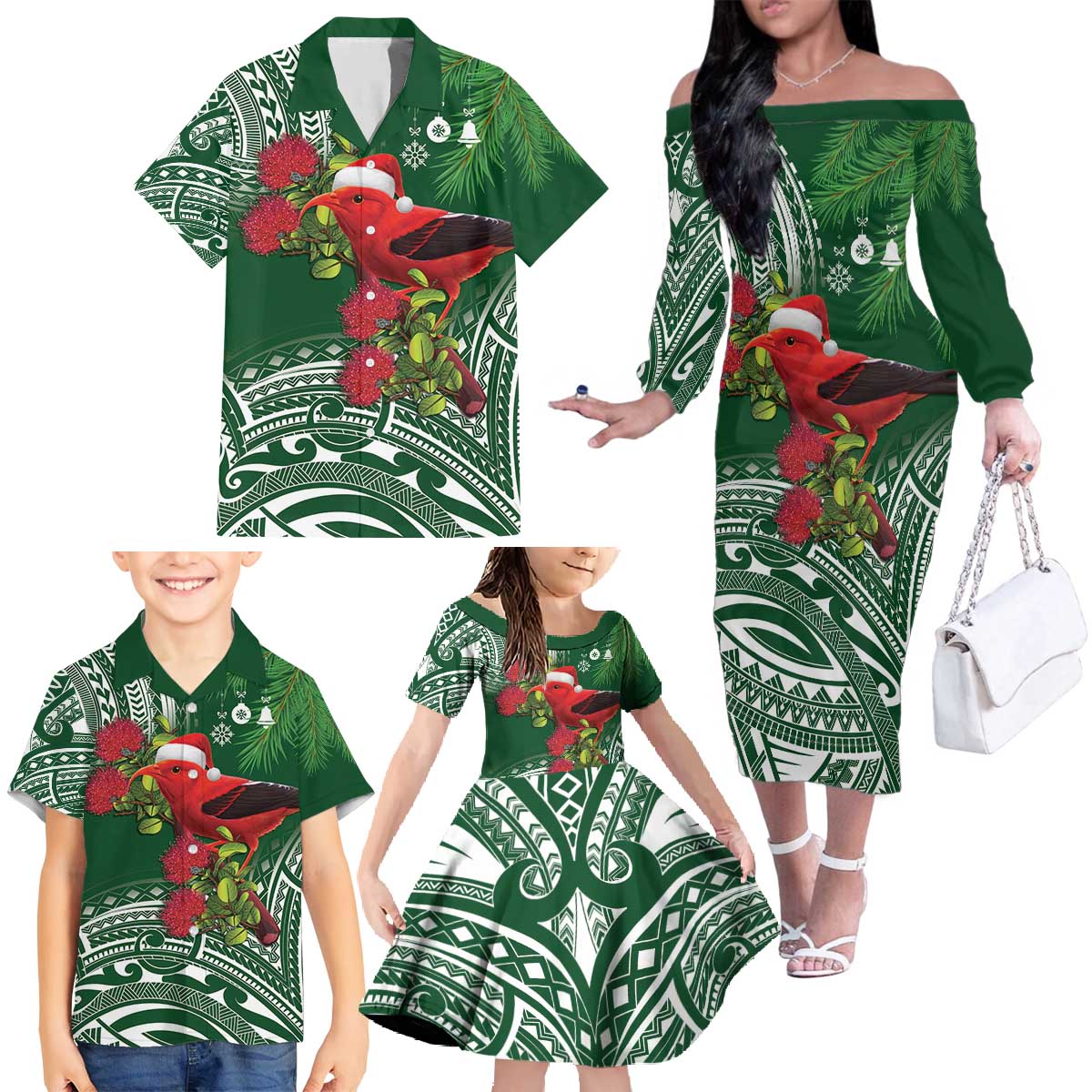 Christmas Hawaii with I'iwi Bird Family Matching Off The Shoulder Long Sleeve Dress and Hawaiian Shirt Aloha Mele Kalikimaka - Green Art