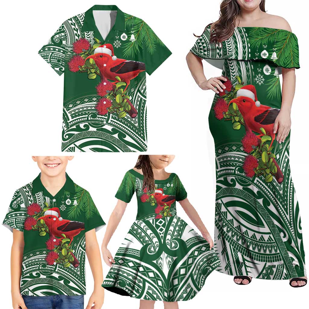 Christmas Hawaii with I'iwi Bird Family Matching Off Shoulder Maxi Dress and Hawaiian Shirt Aloha Mele Kalikimaka - Green Art