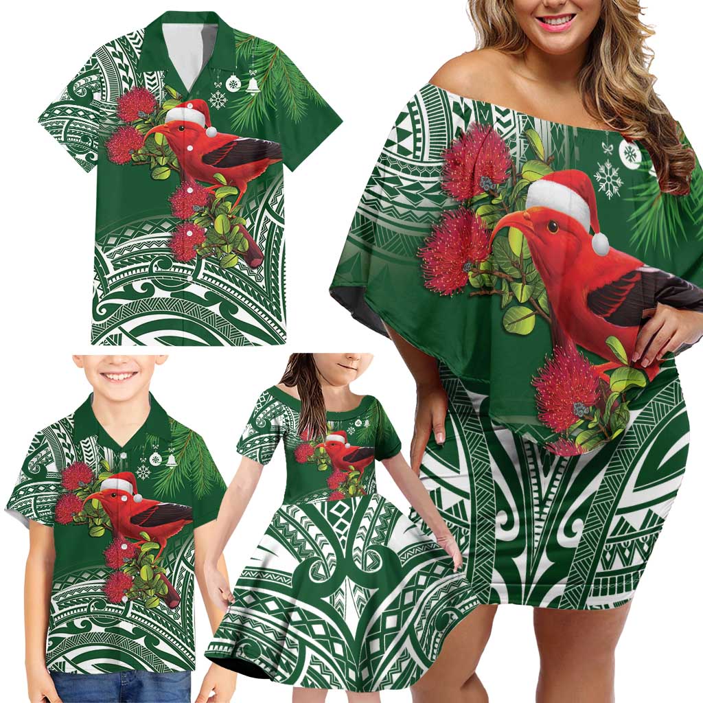 Christmas Hawaii with I'iwi Bird Family Matching Off Shoulder Short Dress and Hawaiian Shirt Aloha Mele Kalikimaka - Green Art