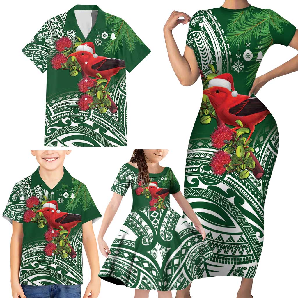 Christmas Hawaii with I'iwi Bird Family Matching Short Sleeve Bodycon Dress and Hawaiian Shirt Aloha Mele Kalikimaka - Green Art