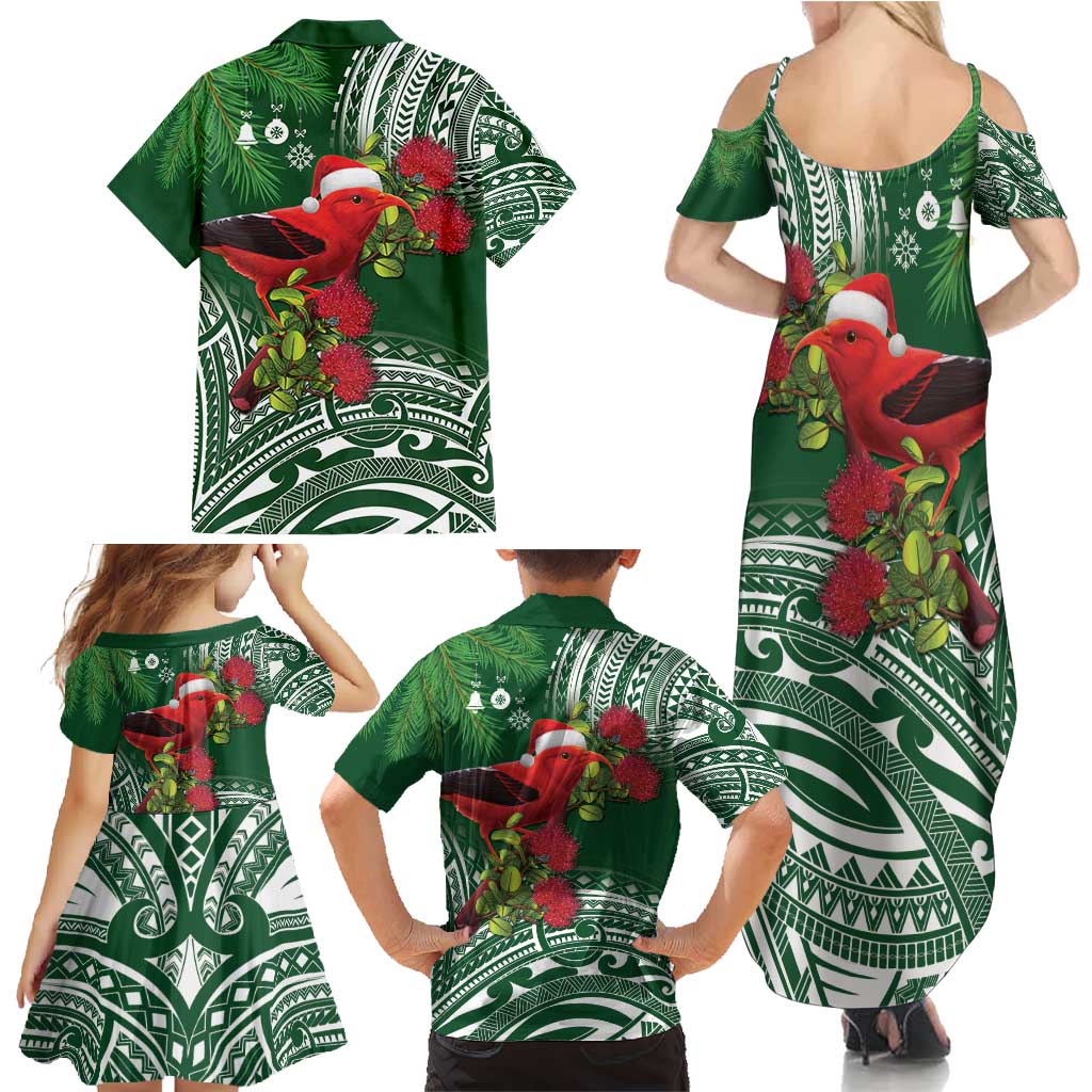 Christmas Hawaii with I'iwi Bird Family Matching Summer Maxi Dress and Hawaiian Shirt Aloha Mele Kalikimaka - Green Art