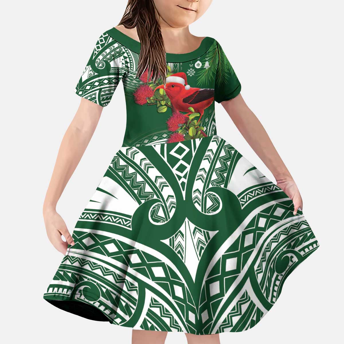 Christmas Hawaii with I'iwi Bird Kid Short Sleeve Dress Aloha Mele Kalikimaka - Green Art