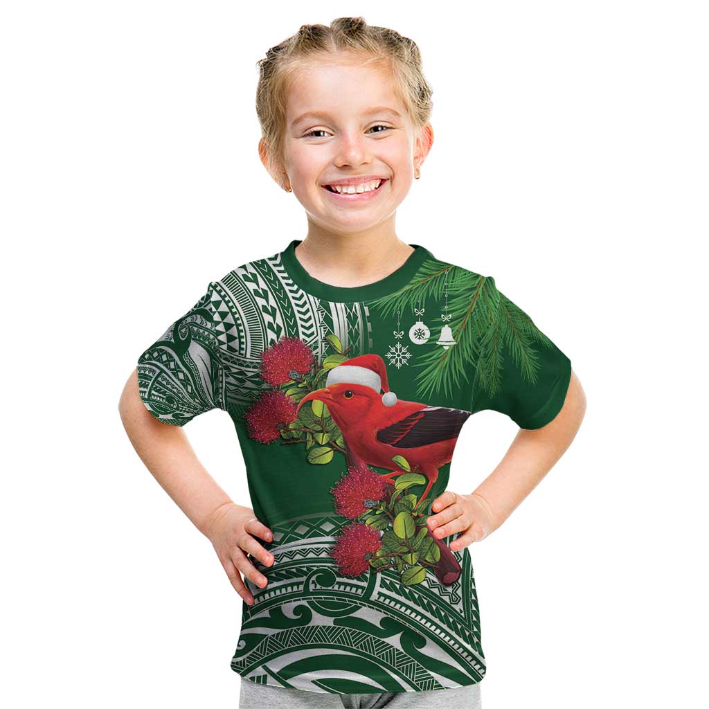 Christmas Hawaii with I'iwi Bird Kid T Shirt Aloha Mele Kalikimaka - Green Art