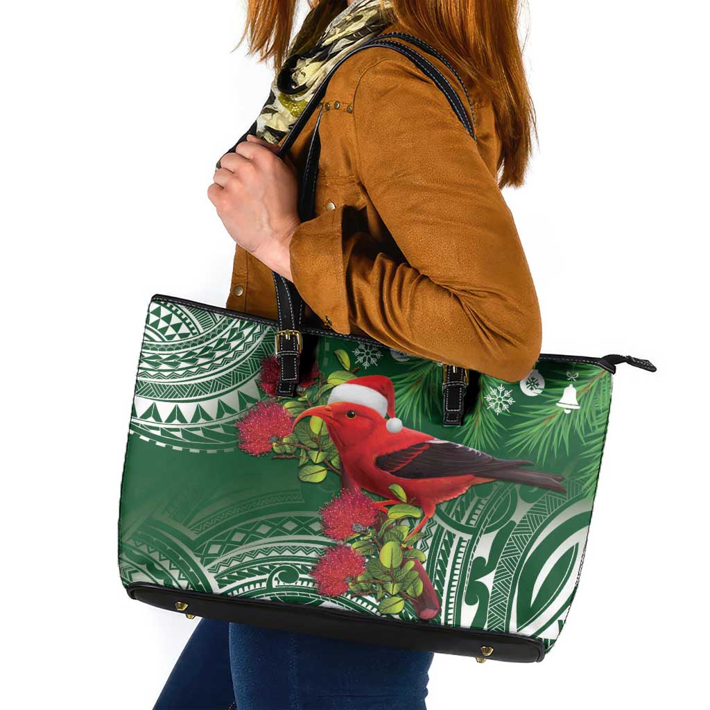 Christmas Hawaii with I'iwi Bird Leather Tote Bag Aloha Mele Kalikimaka - Green Art LT9 Green - Polynesian Pride
