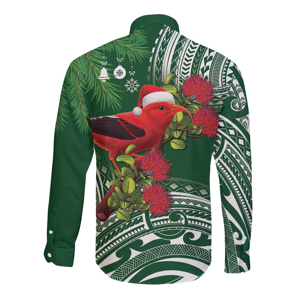 Christmas Hawaii with I'iwi Bird Long Sleeve Button Shirt Aloha Mele Kalikimaka - Green Art LT9 - Polynesian Pride