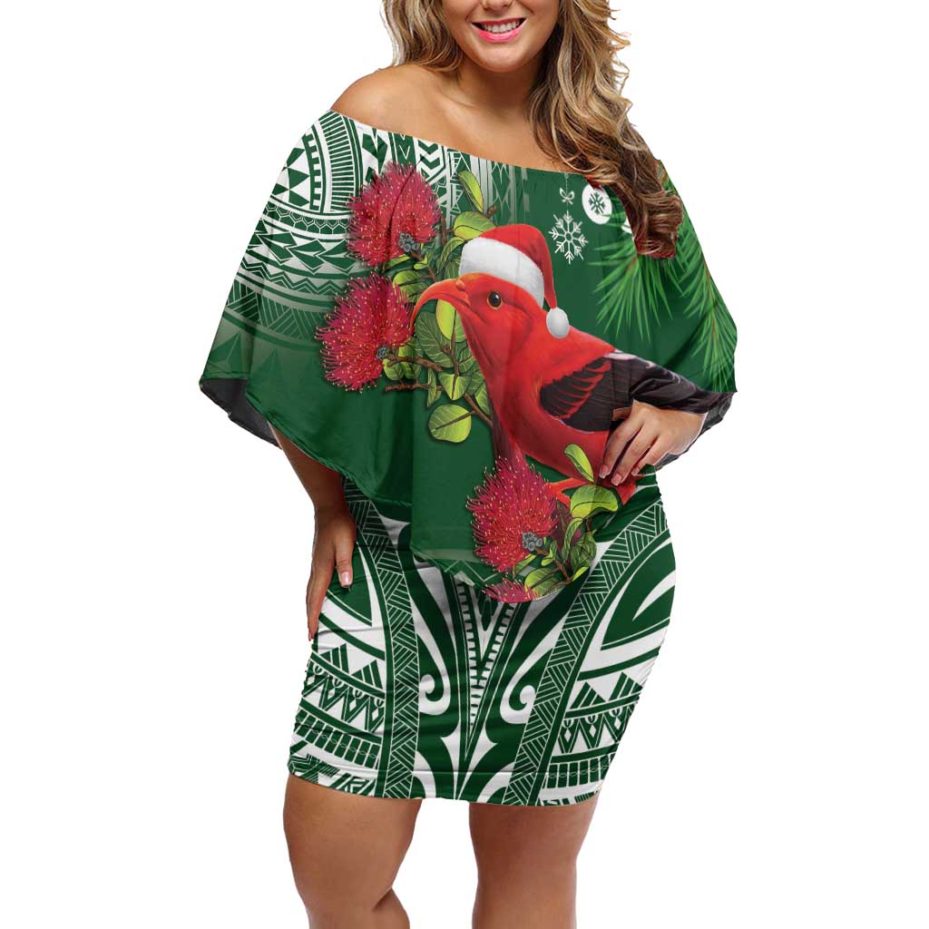 Christmas Hawaii with I'iwi Bird Off Shoulder Short Dress Aloha Mele Kalikimaka - Green Art