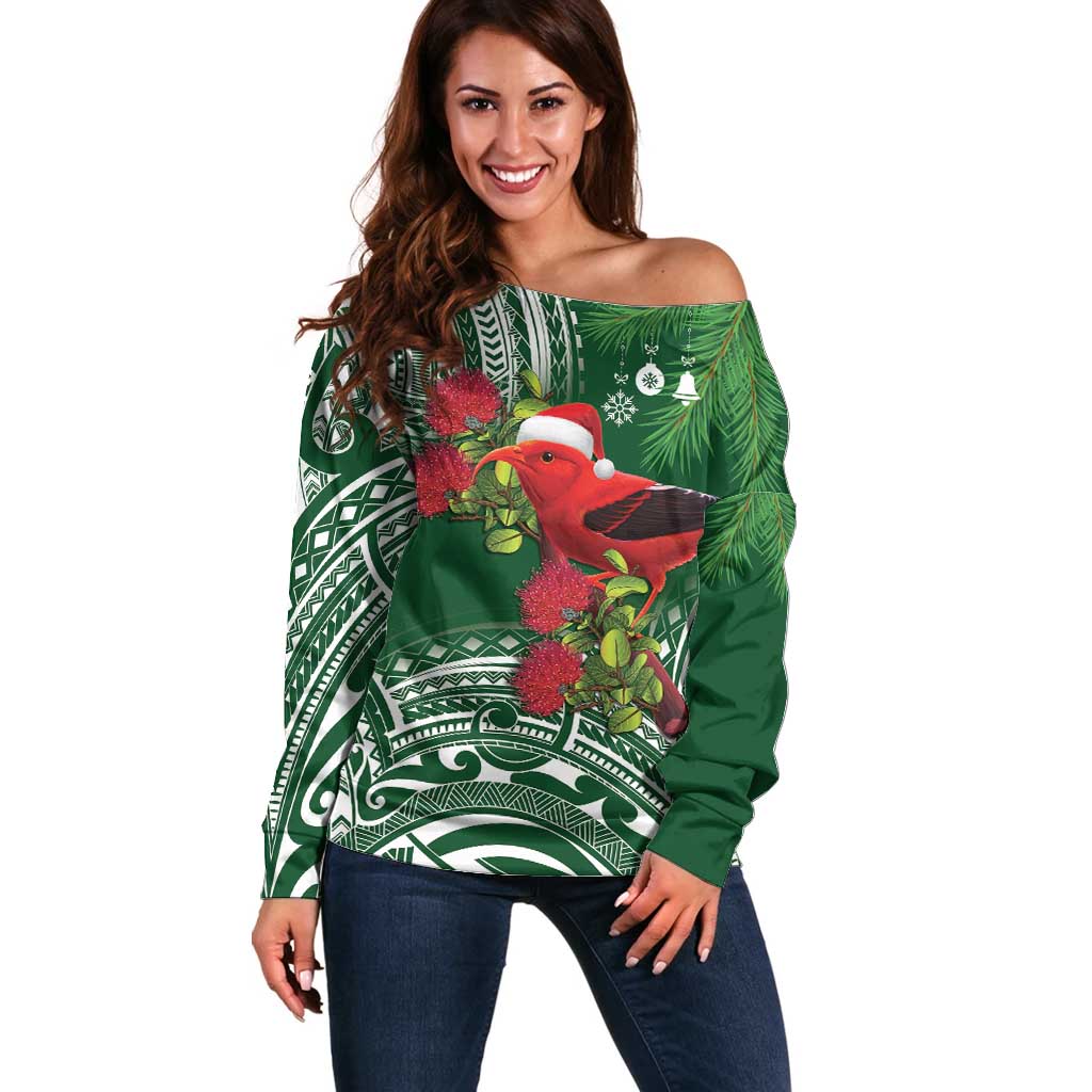 Christmas Hawaii with I'iwi Bird Off Shoulder Sweater Aloha Mele Kalikimaka - Green Art