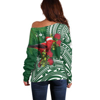 Christmas Hawaii with I'iwi Bird Off Shoulder Sweater Aloha Mele Kalikimaka - Green Art