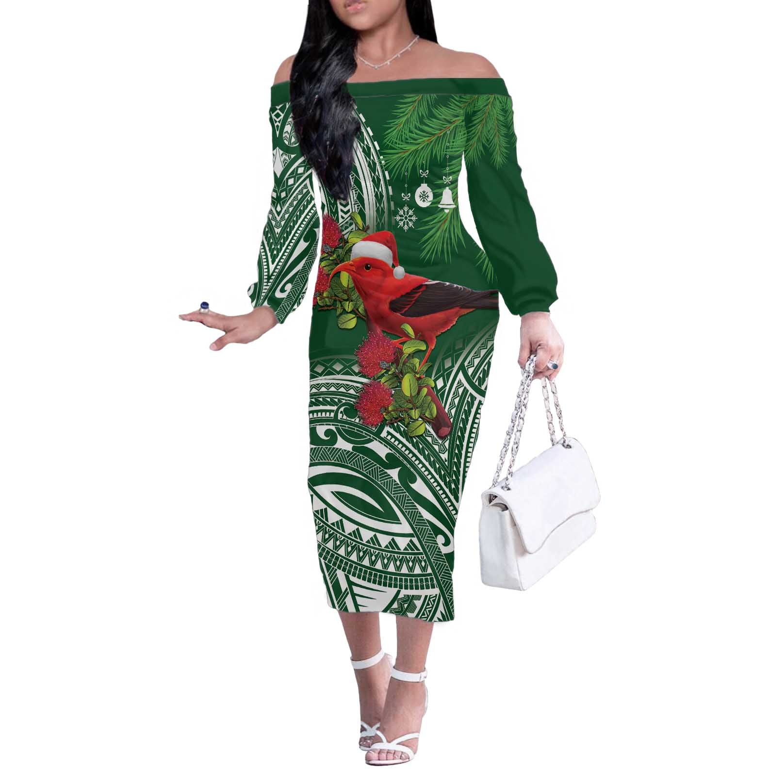 Christmas Hawaii with I'iwi Bird Off The Shoulder Long Sleeve Dress Aloha Mele Kalikimaka - Green Art