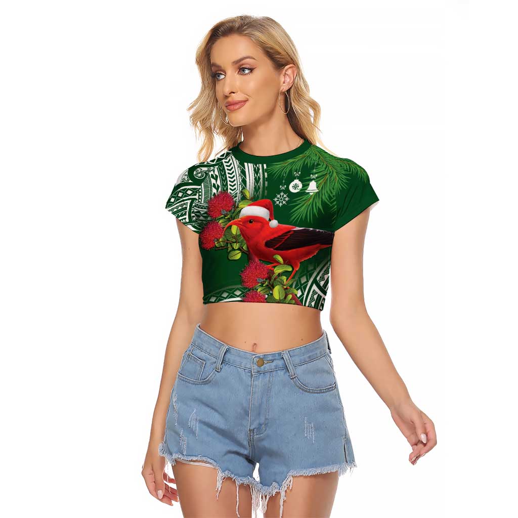 Christmas Hawaii with I'iwi Bird Raglan Cropped T Shirt Aloha Mele Kalikimaka - Green Art LT9 Female Green - Polynesian Pride