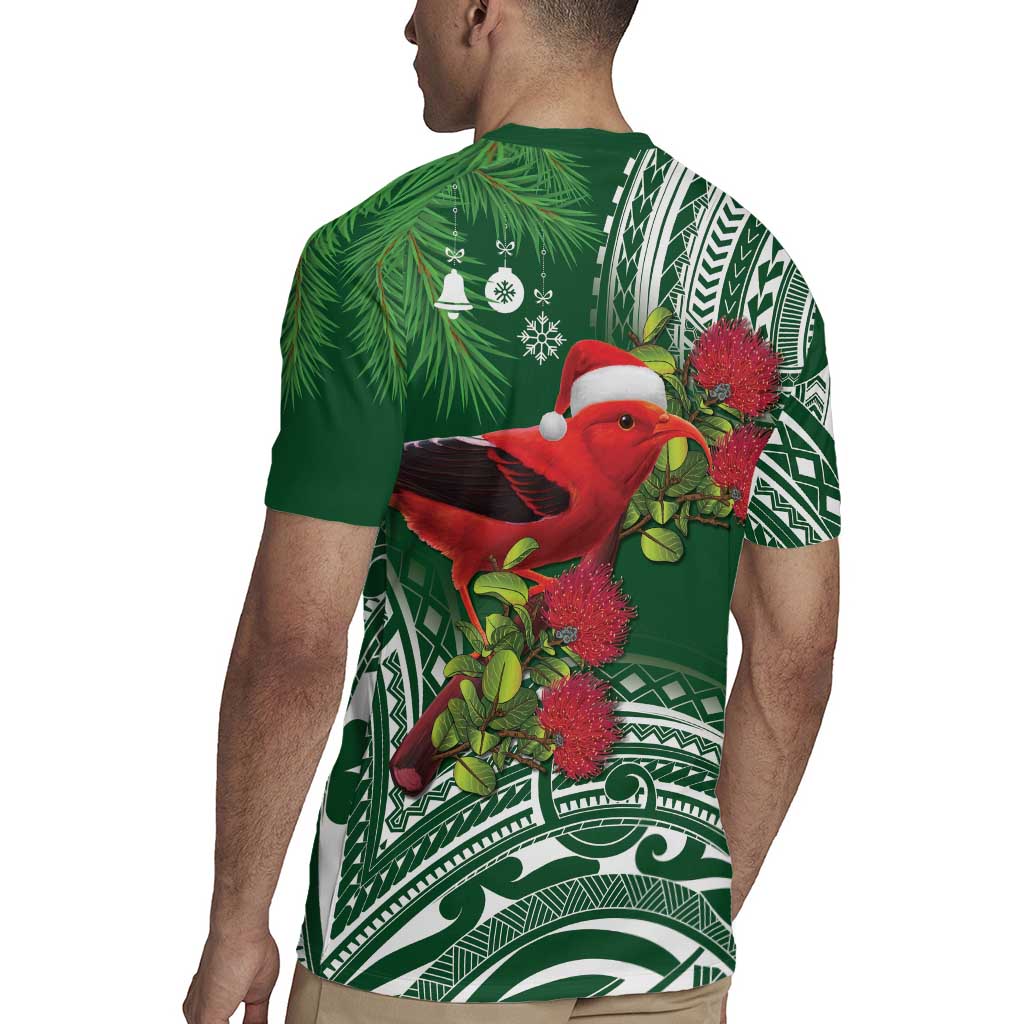 Christmas Hawaii with I'iwi Bird Rugby Jersey Aloha Mele Kalikimaka - Green Art LT9 - Polynesian Pride