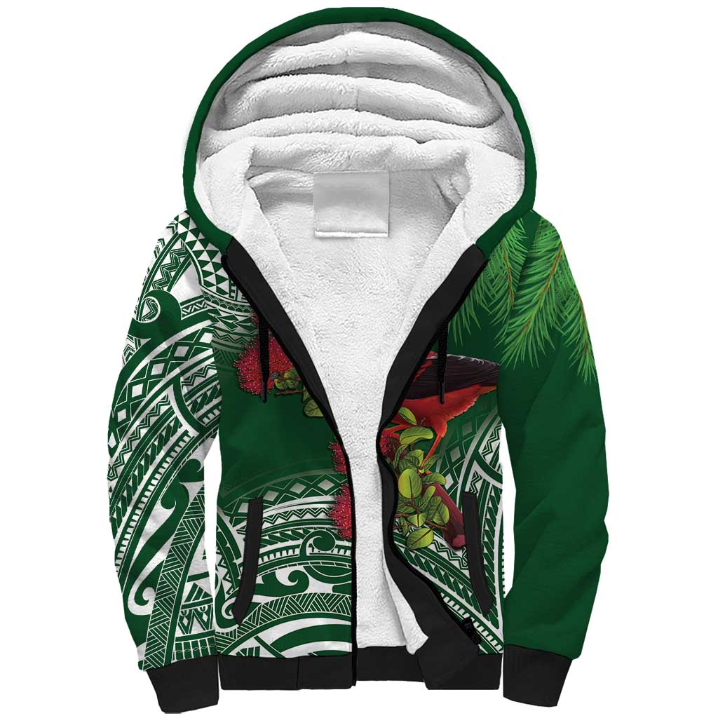 Christmas Hawaii with I'iwi Bird Sherpa Hoodie Aloha Mele Kalikimaka - Green Art