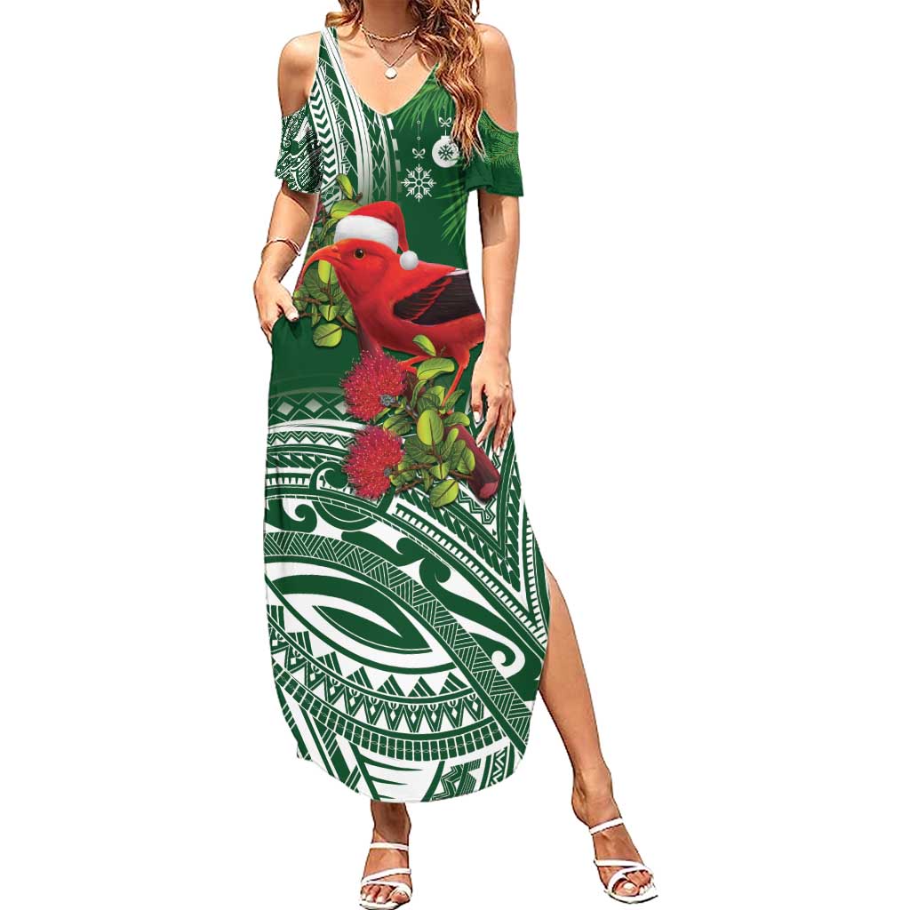 Christmas Hawaii with I'iwi Bird Summer Maxi Dress Aloha Mele Kalikimaka - Green Art LT9 Women Green - Polynesian Pride