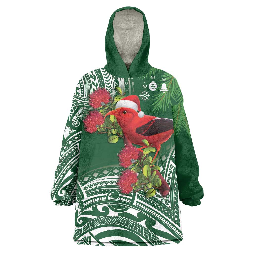 Christmas Hawaii with I'iwi Bird Wearable Blanket Hoodie Aloha Mele Kalikimaka - Green Art