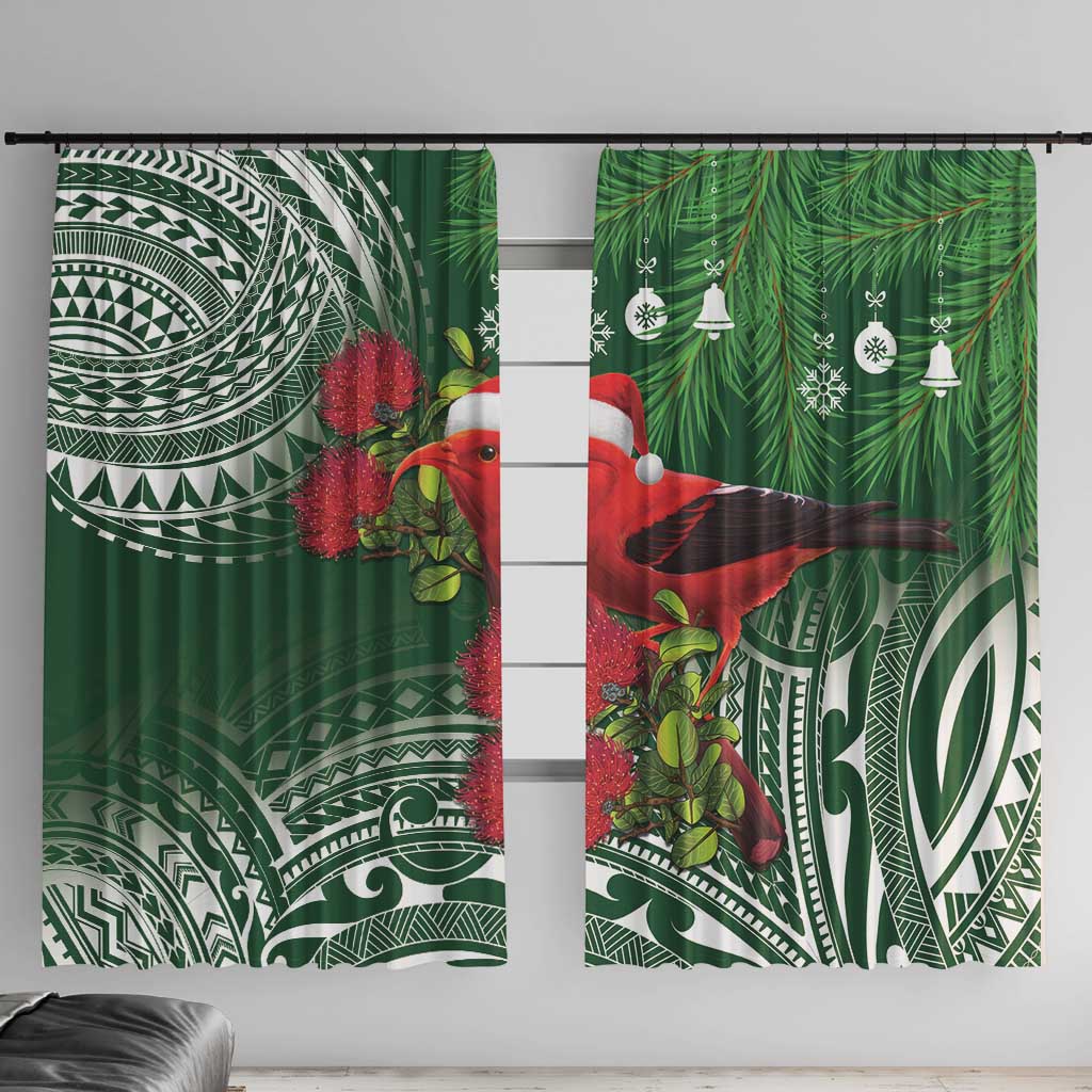 Christmas Hawaii with I'iwi Bird Window Curtain Aloha Mele Kalikimaka - Green Art LT9 With Hooks Green - Polynesian Pride