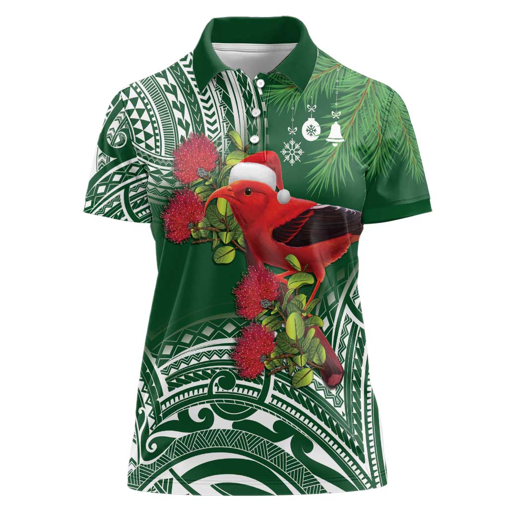 Christmas Hawaii with I'iwi Bird Women Polo Shirt Aloha Mele Kalikimaka - Green Art