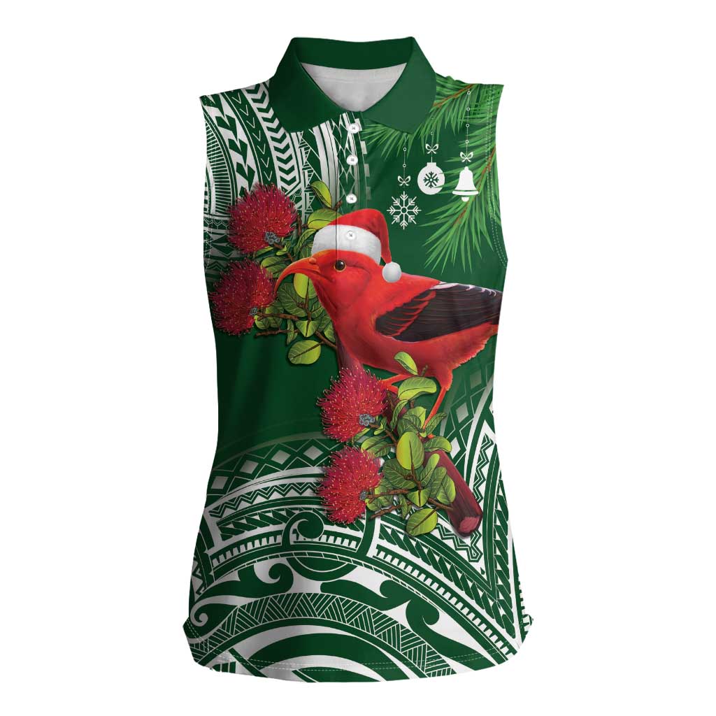 Christmas Hawaii with I'iwi Bird Women Sleeveless Polo Shirt Aloha Mele Kalikimaka - Green Art