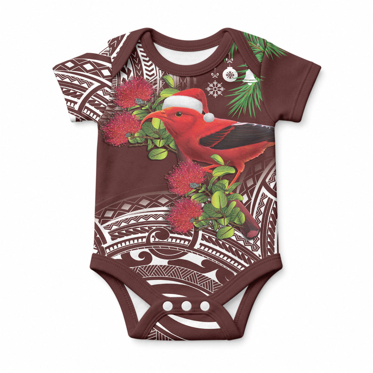 Christmas Hawaii with I'iwi Bird Baby Onesie Aloha Mele Kalikimaka - Oxblood Art LT9 Oxblood - Polynesian Pride