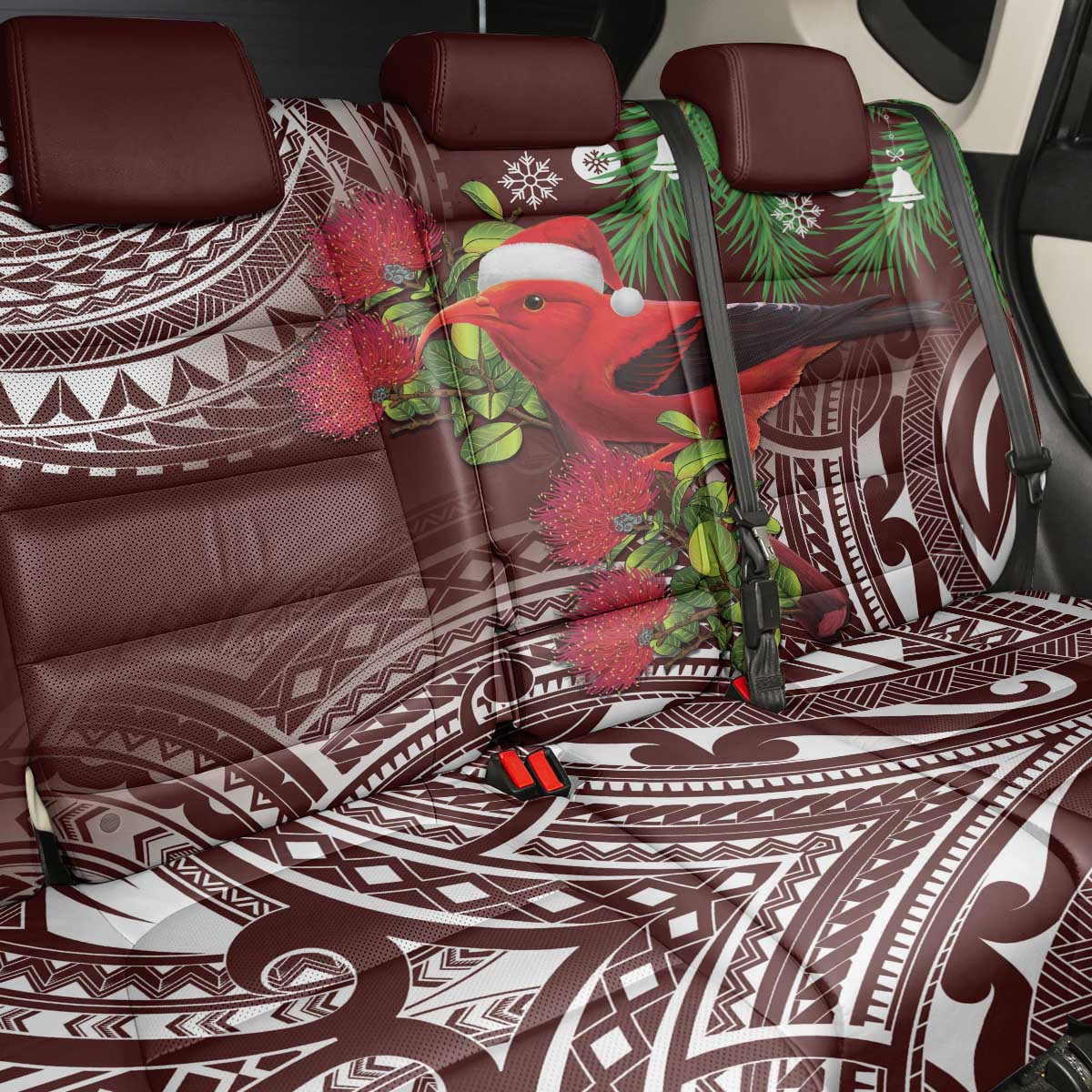 Christmas Hawaii with I'iwi Bird Back Car Seat Cover Aloha Mele Kalikimaka - Oxblood Art