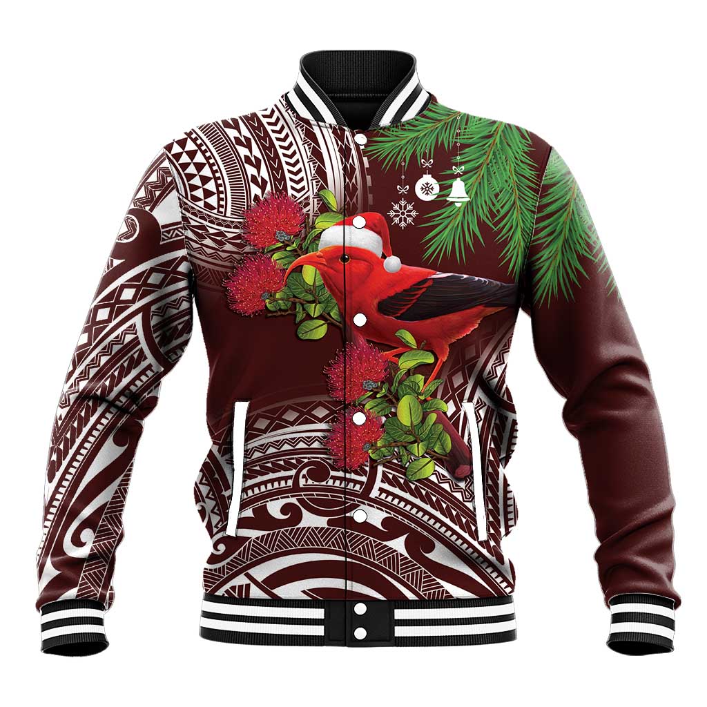 Christmas Hawaii with I'iwi Bird Baseball Jacket Aloha Mele Kalikimaka - Oxblood Art LT9 Unisex Oxblood - Polynesian Pride