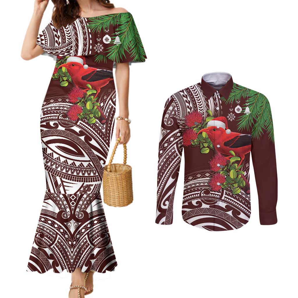 Christmas Hawaii with I'iwi Bird Couples Matching Mermaid Dress and Long Sleeve Button Shirt Aloha Mele Kalikimaka - Oxblood Art