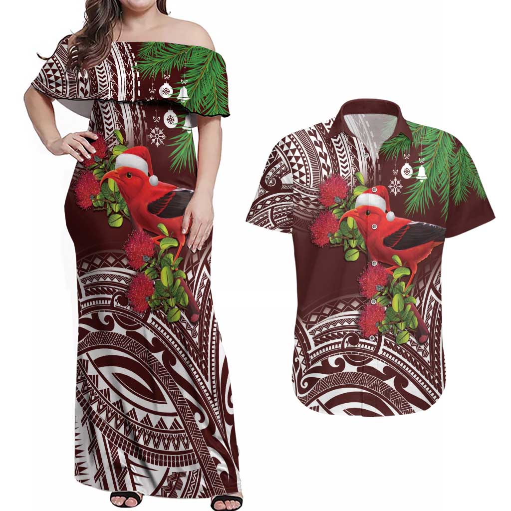 Christmas Hawaii with I'iwi Bird Couples Matching Off Shoulder Maxi Dress and Hawaiian Shirt Aloha Mele Kalikimaka - Oxblood Art